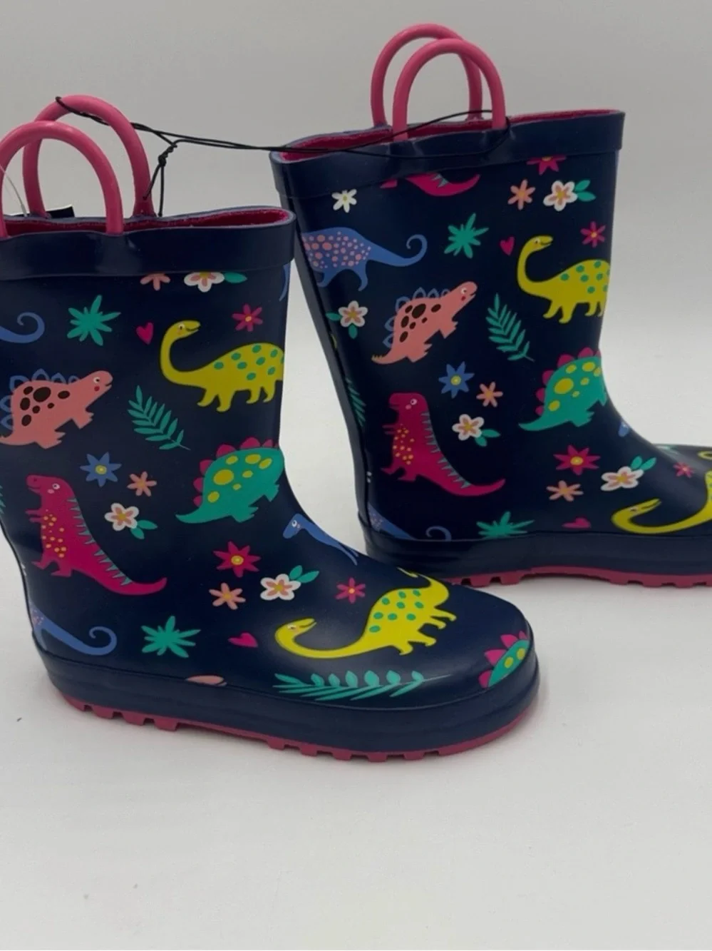 Kids Navy Dinosaur Rain Boots - Pink Trim Size 12